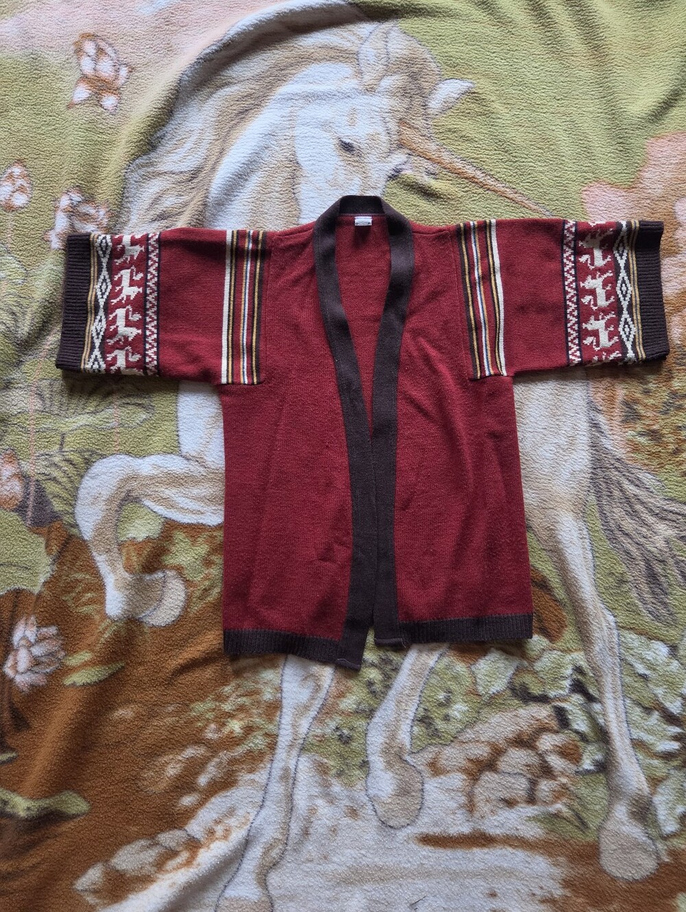 1970s Open-Front Sweater Cardigan with Patterned Sleeves